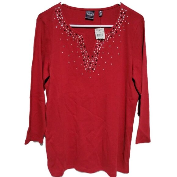 Rafaella Studio Sweater Medium NWT Womens Red Sequins Holiday 3/4 Sleeve - Picture 1 of 3